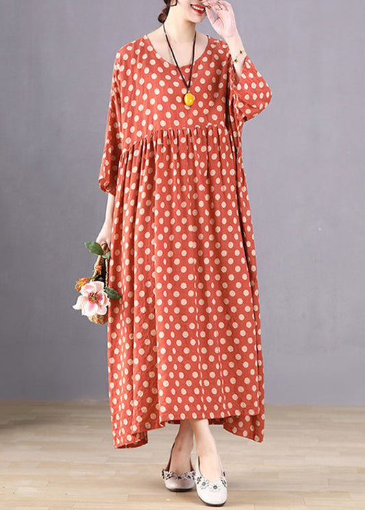 Handmade Red Dot Print Wrinkled Long Dresses Long Sleeve