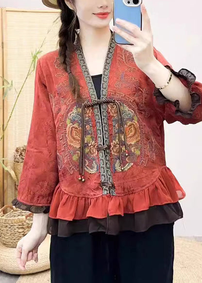Handmade Red Embroidered Patchwork Silk Shirt Bracelet Sleeve