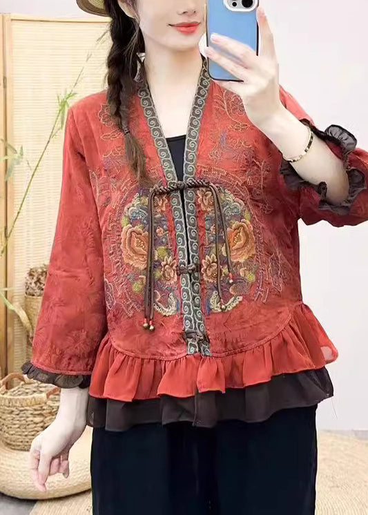 Handmade Red Embroidered Patchwork Silk Shirt Bracelet Sleeve