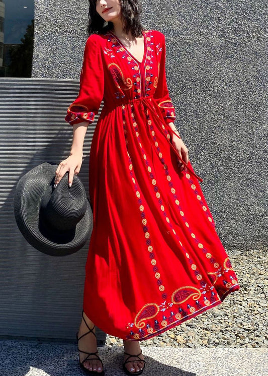 Handmade Red Embroidered Tie Waist Cotton Maxi Dresses Spring