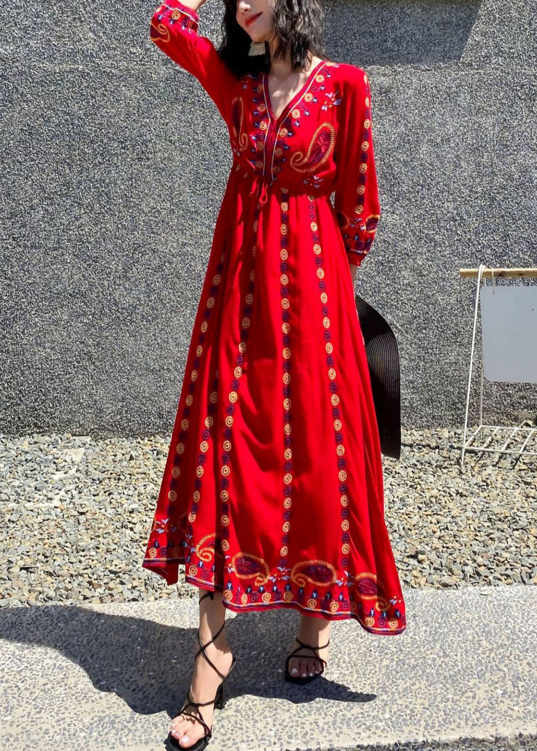 Handmade Red Embroidered Tie Waist Cotton Maxi Dresses Spring