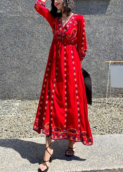 Handmade Red Embroidered Tie Waist Cotton Maxi Dresses Spring