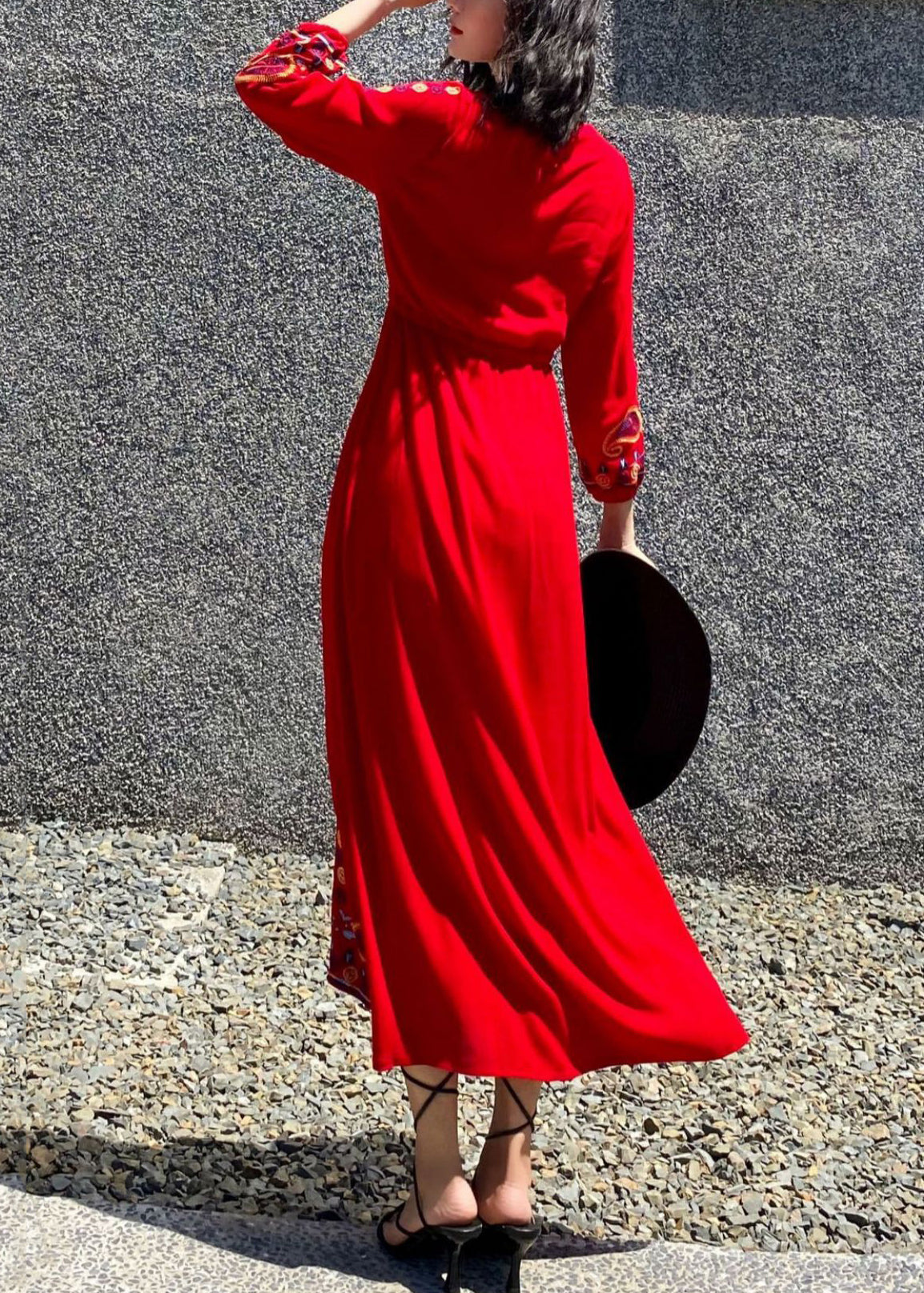 Handmade Red Embroidered Tie Waist Cotton Maxi Dresses Spring