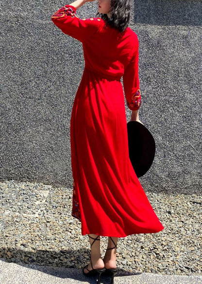 Handmade Red Embroidered Tie Waist Cotton Maxi Dresses Spring