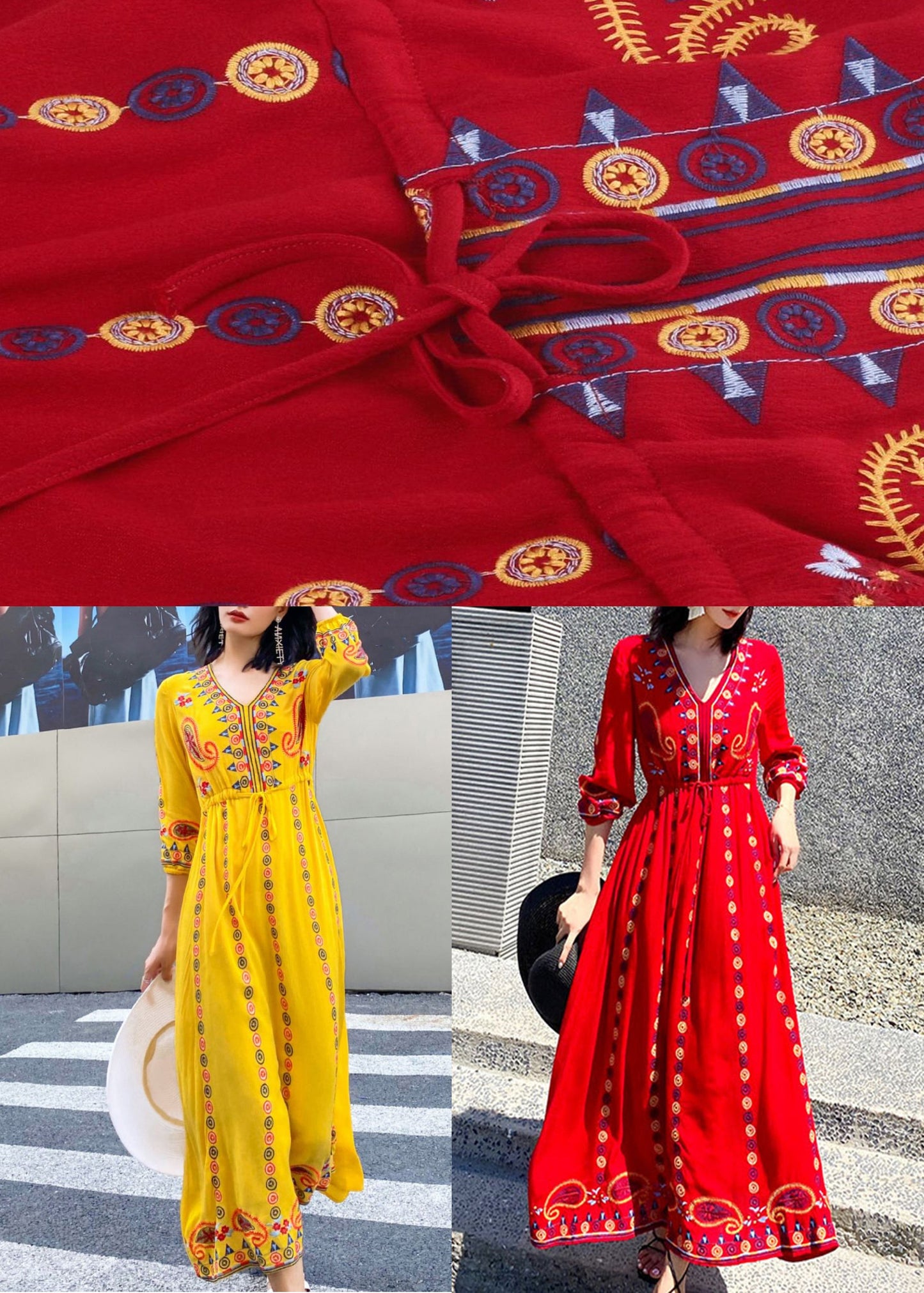 Handmade Red Embroidered Tie Waist Cotton Maxi Dresses Spring