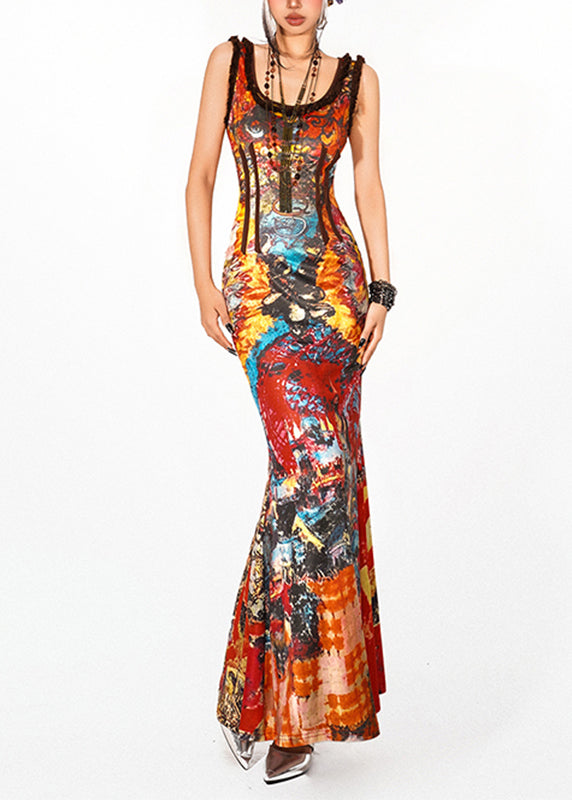 Handmade Red O-Neck Print Maxi Fishtail Dresses Summer