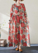 Load image into Gallery viewer, Handmade Red O-Neck Print Wrinkled Holiday Dress Spring