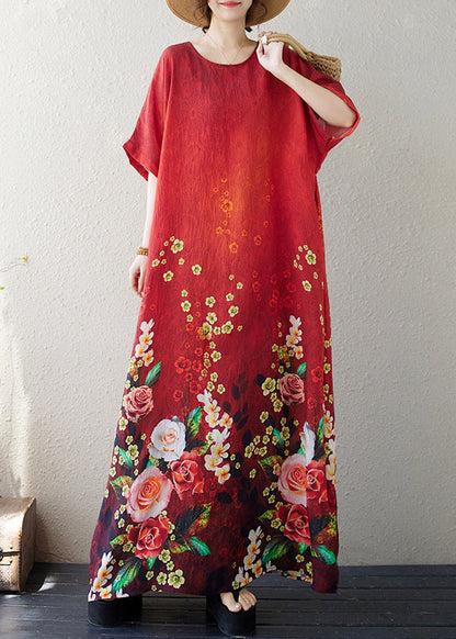 Handmade Red Oversized Floral Cotton Maxi Dresses Summer