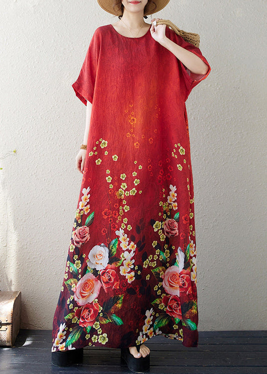Handmade Red Oversized Floral Cotton Maxi Dresses Summer