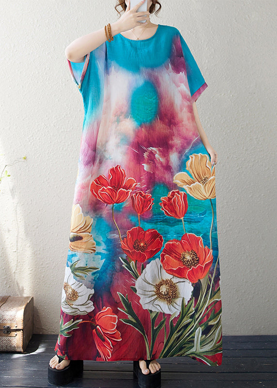 Handmade Red Oversized Floral Cotton Maxi Dresses Summer
