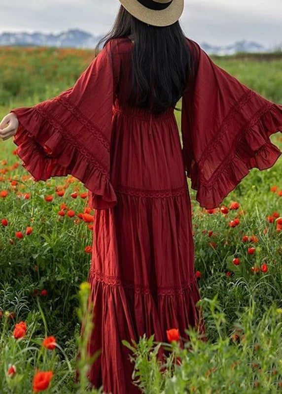 Handmade Red Square Collar Patchwork Maxi Dresses Flare Sleeve