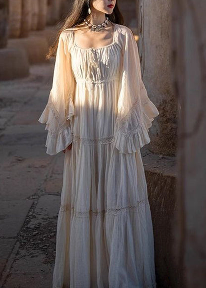 Handmade Red Square Collar Patchwork Maxi Dresses Flare Sleeve