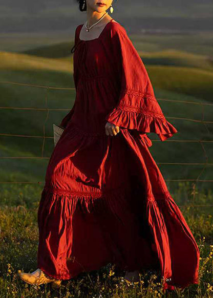 Handmade Red Square Collar Patchwork Maxi Dresses Flare Sleeve