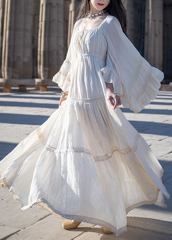 Handmade Red Square Collar Patchwork Maxi Dresses Flare Sleeve