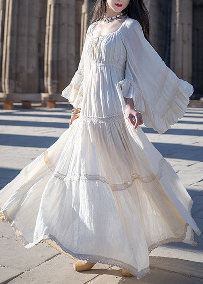 Handmade Red Square Collar Patchwork Maxi Dresses Flare Sleeve