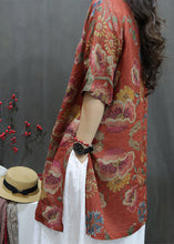 Load image into Gallery viewer, Handmade Red Stand Collar Print Long Linen Tops Short Sleeve