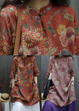Load image into Gallery viewer, Handmade Red Stand Collar Print Long Linen Tops Short Sleeve