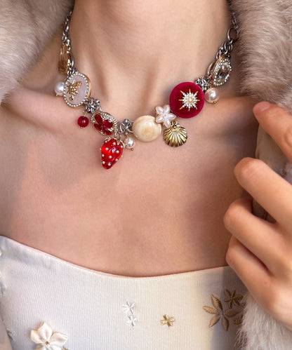 Handmade Red Strawberry Zircon Button Adjustable Alloy Choker