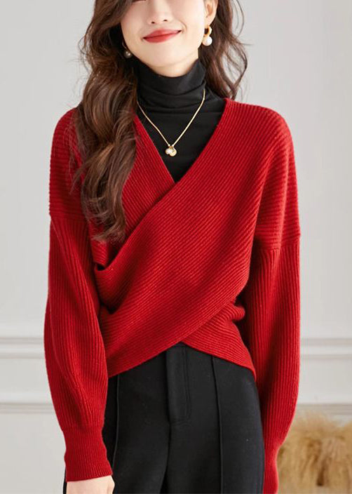 Handmade Red V Neck Cross Connection Knit Tops Spring