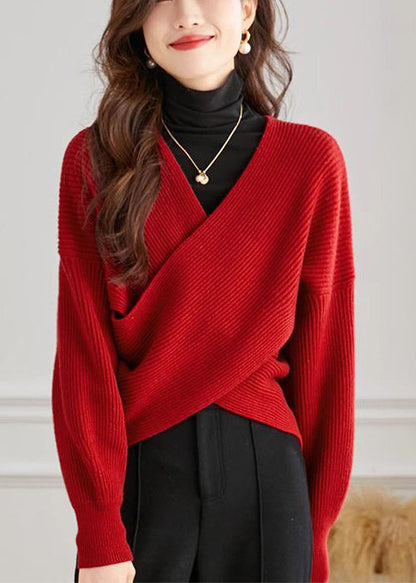 Handmade Red V Neck Cross Connection Knit Tops Spring