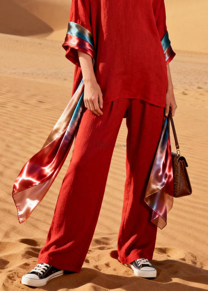 Handmade Red V Neck Patchwork Linen Silk Two Piece Set Women Clothing Summer