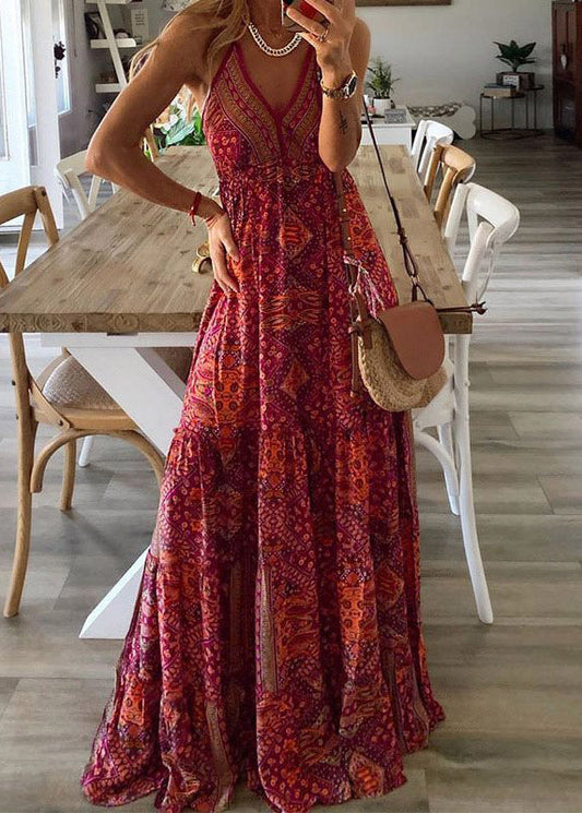 Handmade Red V Neck Print Cotton Spaghetti Strap Dress Summer