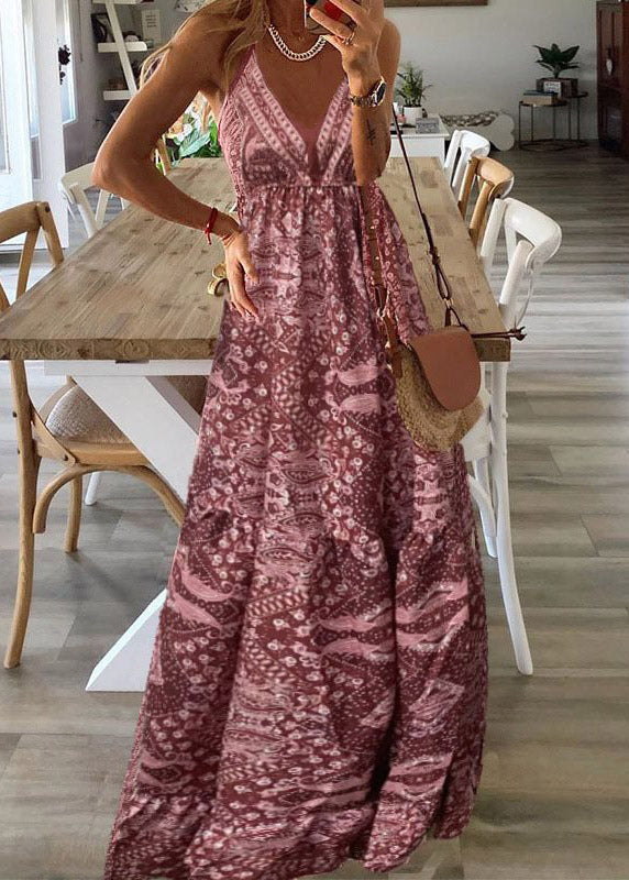 Handmade Red V Neck Print Cotton Spaghetti Strap Dress Summer