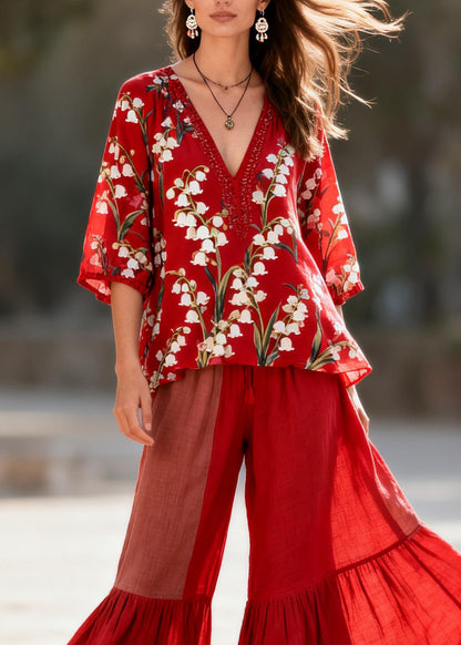 Handmade Red V Neck Print Tops And Pants Cotton Two Piece Set Summer