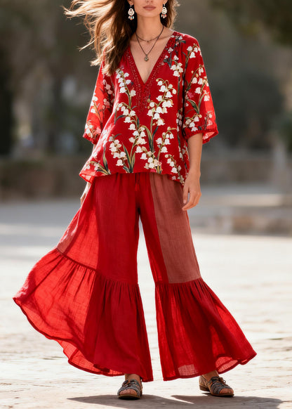 Handmade Red V Neck Print Tops And Pants Cotton Two Piece Set Summer