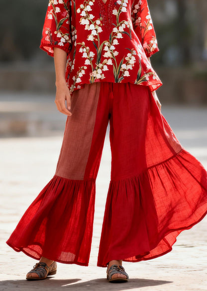 Handmade Red V Neck Print Tops And Pants Cotton Two Piece Set Summer