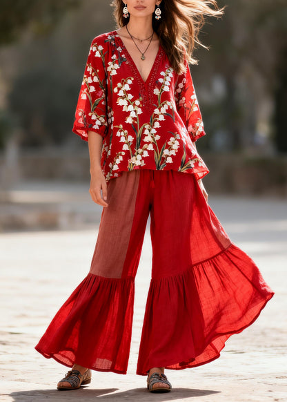 Handmade Red V Neck Print Tops And Pants Cotton Two Piece Set Summer