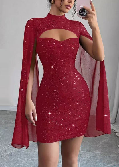 Handmade Red Wraped Sequins Day Dress Cloak Sleeves