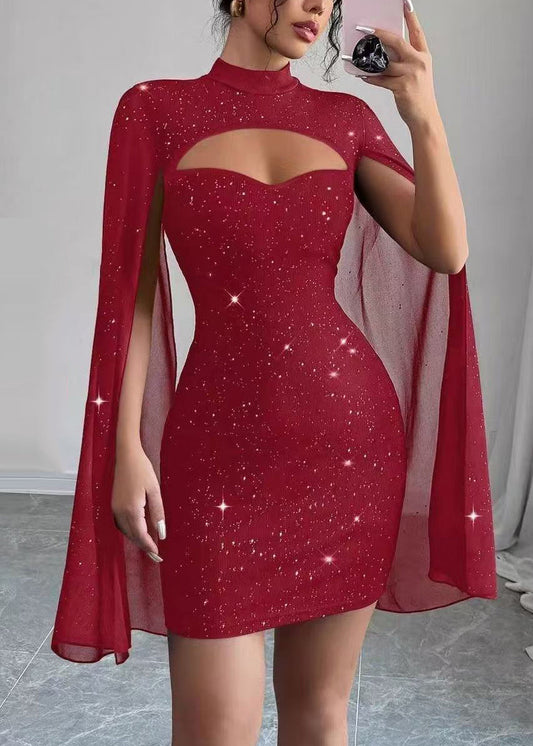 Handmade Red Wraped Sequins Day Dress Cloak Sleeves