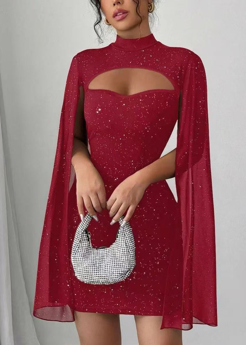 Handmade Red Wraped Sequins Day Dress Cloak Sleeves
