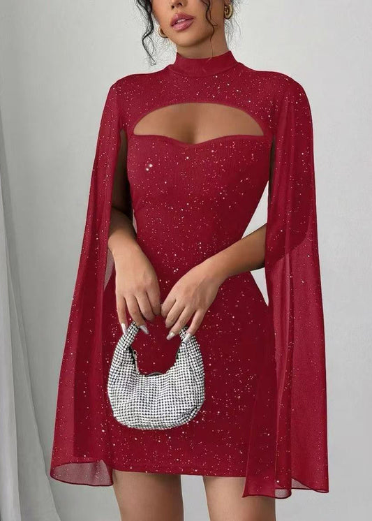 Handmade Red Wraped Sequins Day Dress Cloak Sleeves