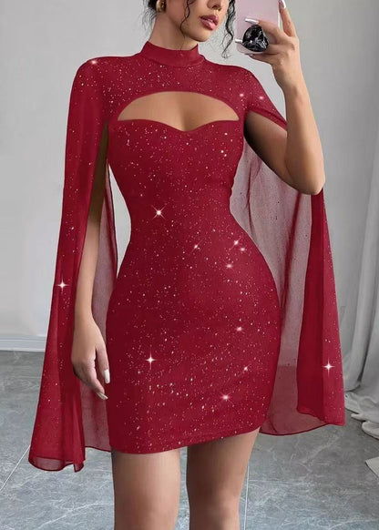 Handmade Red Wraped Sequins Day Dress Cloak Sleeves