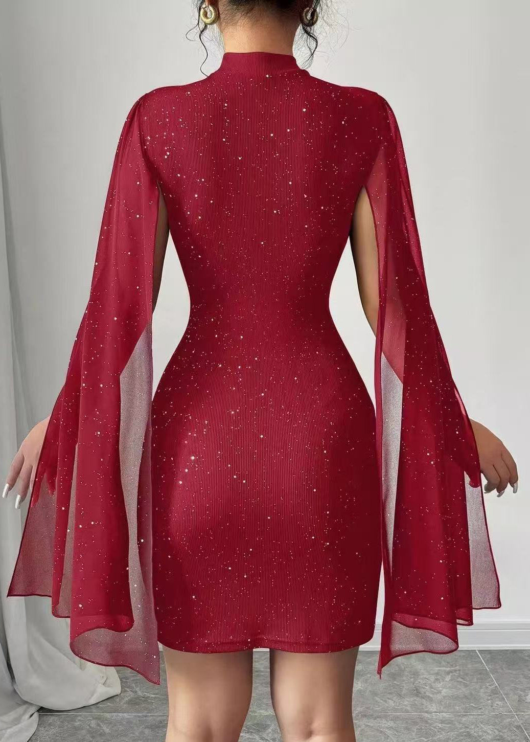 Handmade Red Wraped Sequins Day Dress Cloak Sleeves