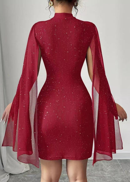 Handmade Red Wraped Sequins Day Dress Cloak Sleeves