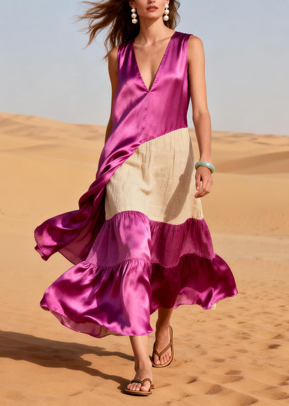 Handmade Rose Asymmetrical Patchwork Linen Silk Dresses Summer