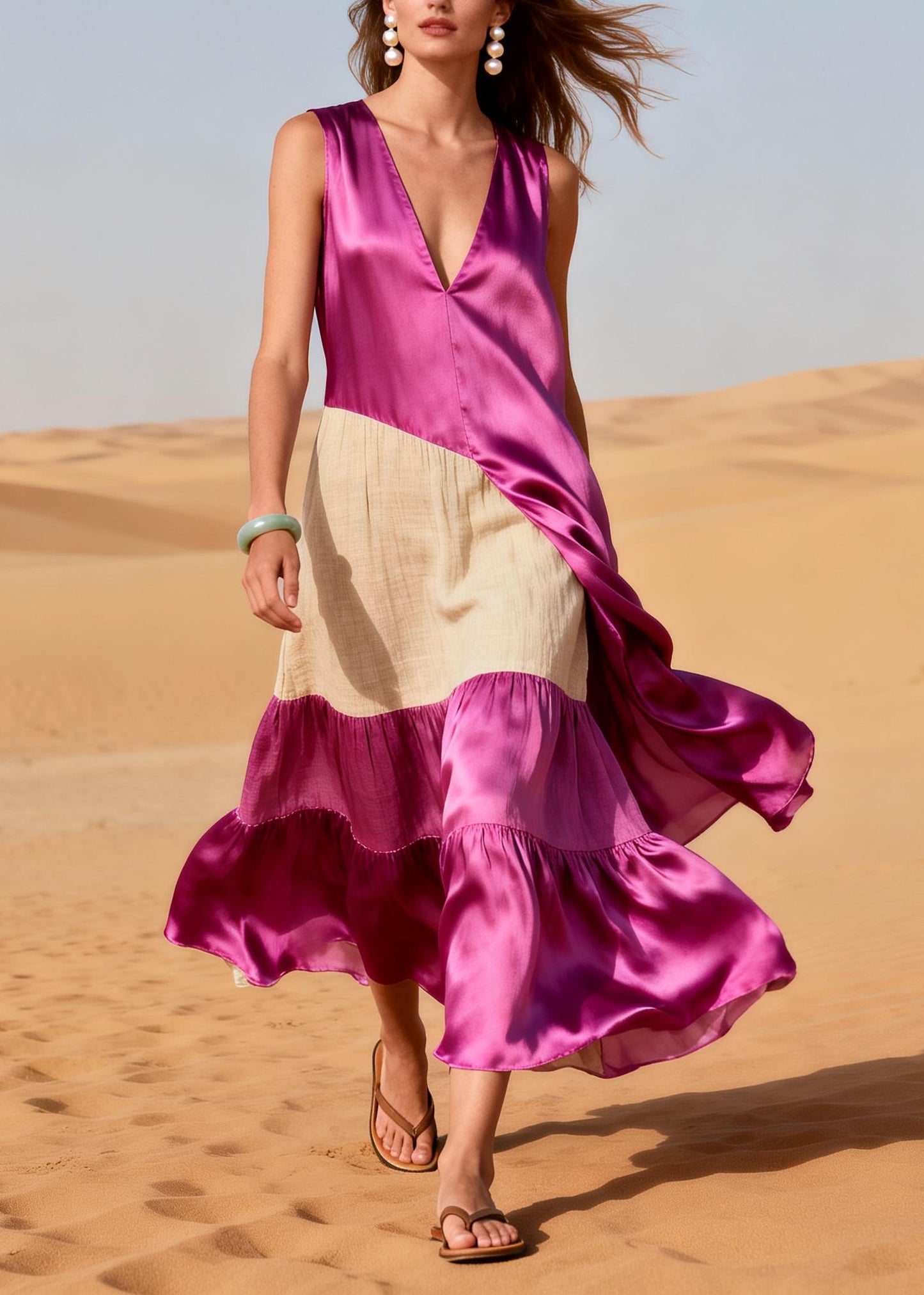 Handmade Rose Asymmetrical Patchwork Linen Silk Dresses Summer