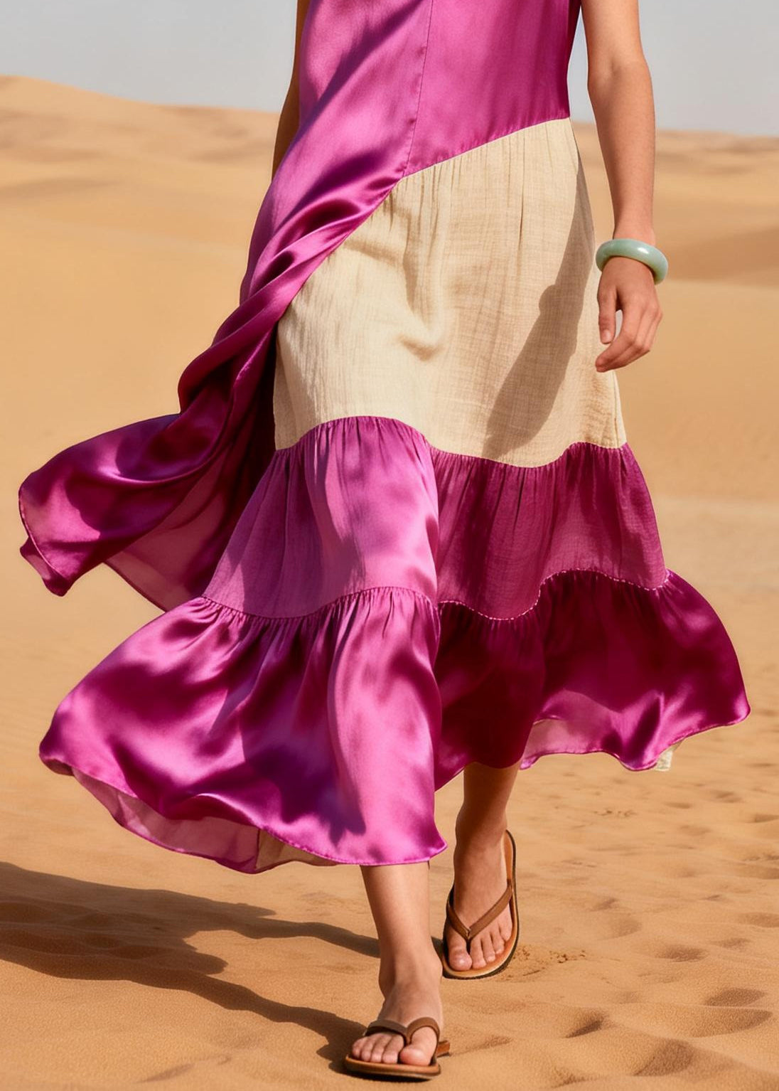 Handmade Rose Asymmetrical Patchwork Linen Silk Dresses Summer