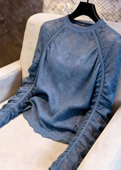 Handmade Sea Blue O-Neck Wrinkled Lace Top Summer
