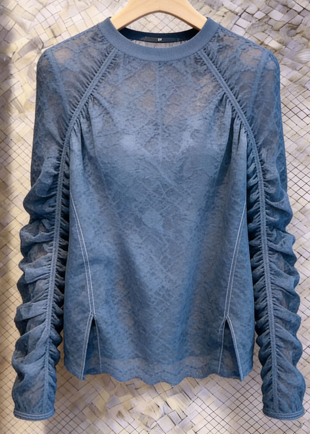 Handmade Sea Blue O-Neck Wrinkled Lace Top Summer