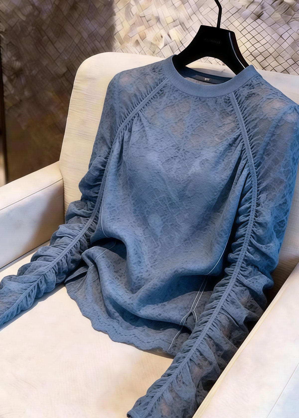Handmade Sea Blue O-Neck Wrinkled Lace Top Summer