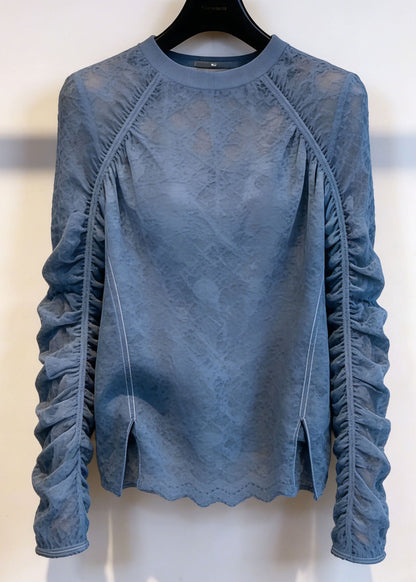 Handmade Sea Blue O-Neck Wrinkled Lace Top Summer