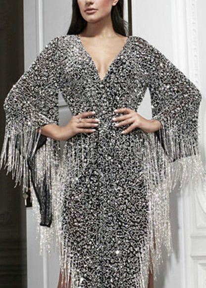Handmade Silver Asymmetrical Tasseled Sequins Party Dress Batwing Sleeve