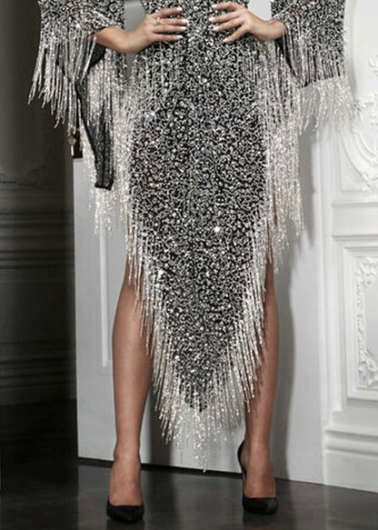 Handmade Silver Asymmetrical Tasseled Sequins Party Dress Batwing Sleeve