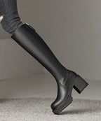 Handmade Splicing Zippered Chunky Heel Boots Brown Cowhide Leather