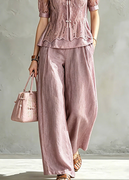 Handmade Stand Collar Lace Patchwork Chiffon Shirt And Wide Leg Pants Two Pieces Set Summer