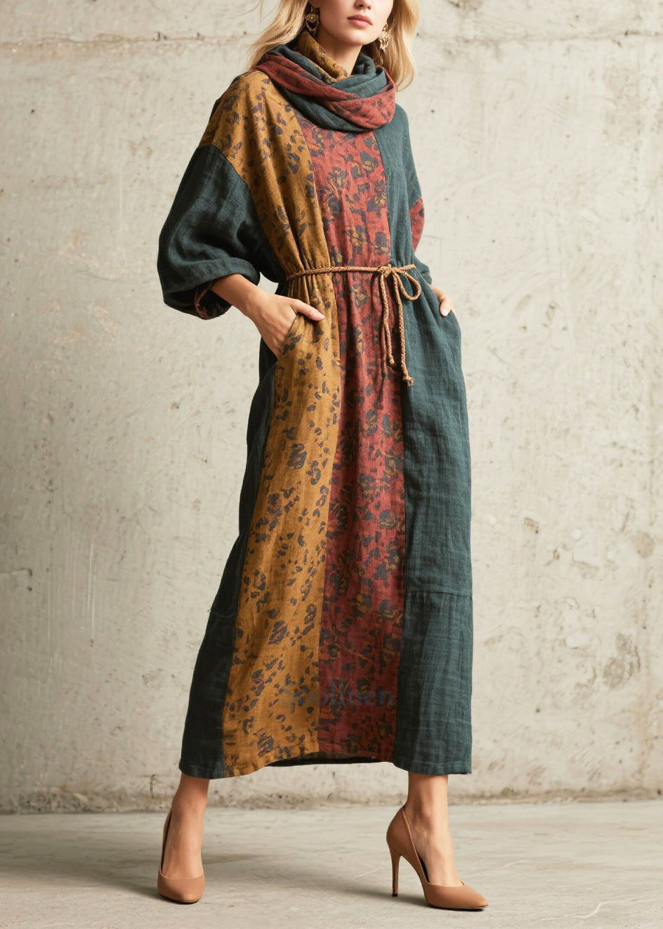 Handmade Tea Green Tunic Patchwork Cotton Holiday Dress Fall